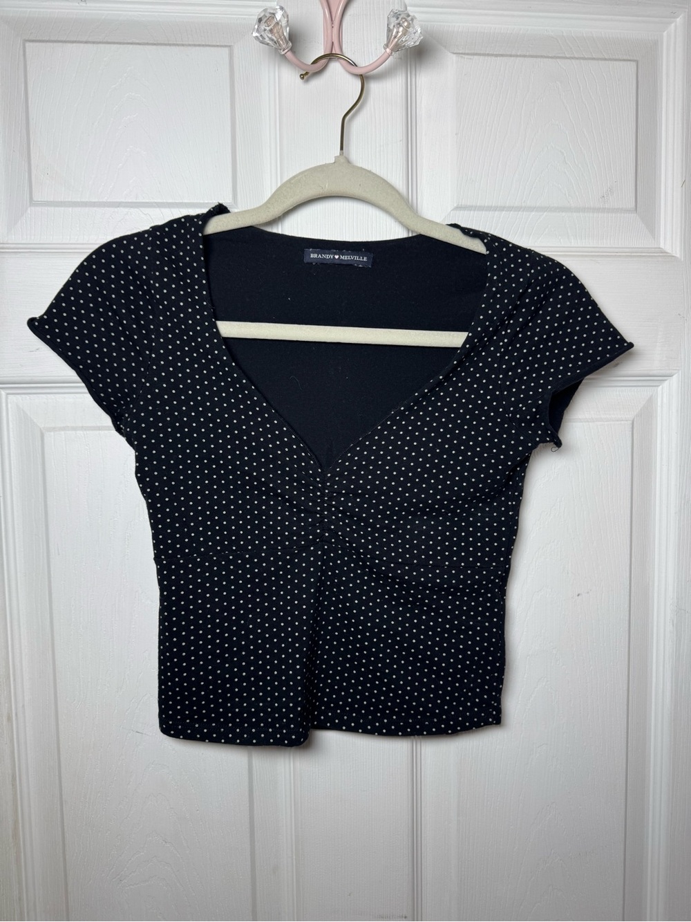 Brandy Melville Polka Dot V-Neck Short Sleeve Crop Top OS Coquette Y2K Grunge